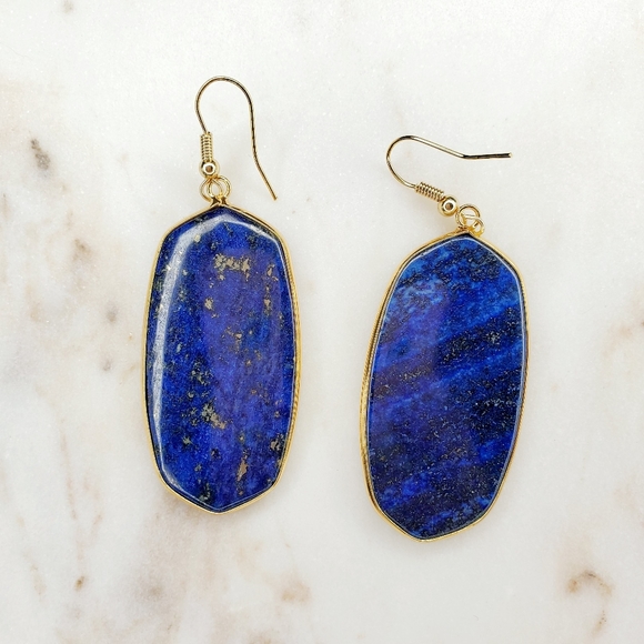 Lapis Lazuli Oval Drop Earrings Gold Tone - Picture 2 of 2